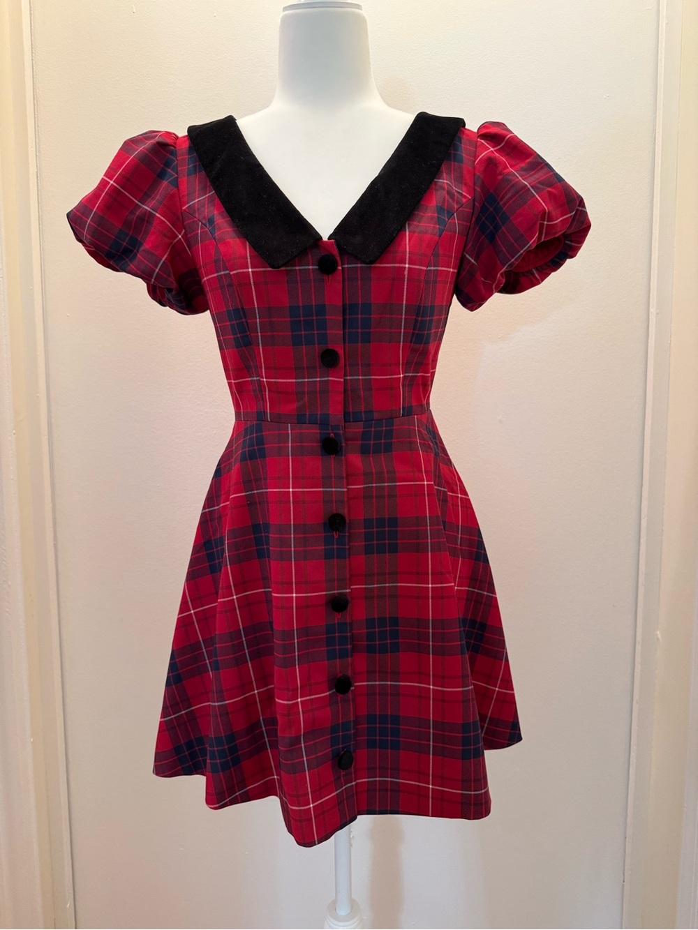 Hill House Red Plaid Short-Sleeve Dress with Black Velvet Collar